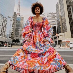 Farm Rio Colored Banana Smocked Midi Dress